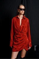 Red Paris Jacquard Dress by Acaria Studio, stylish mini dress with intricate jacquard pattern and fitted silhouette.