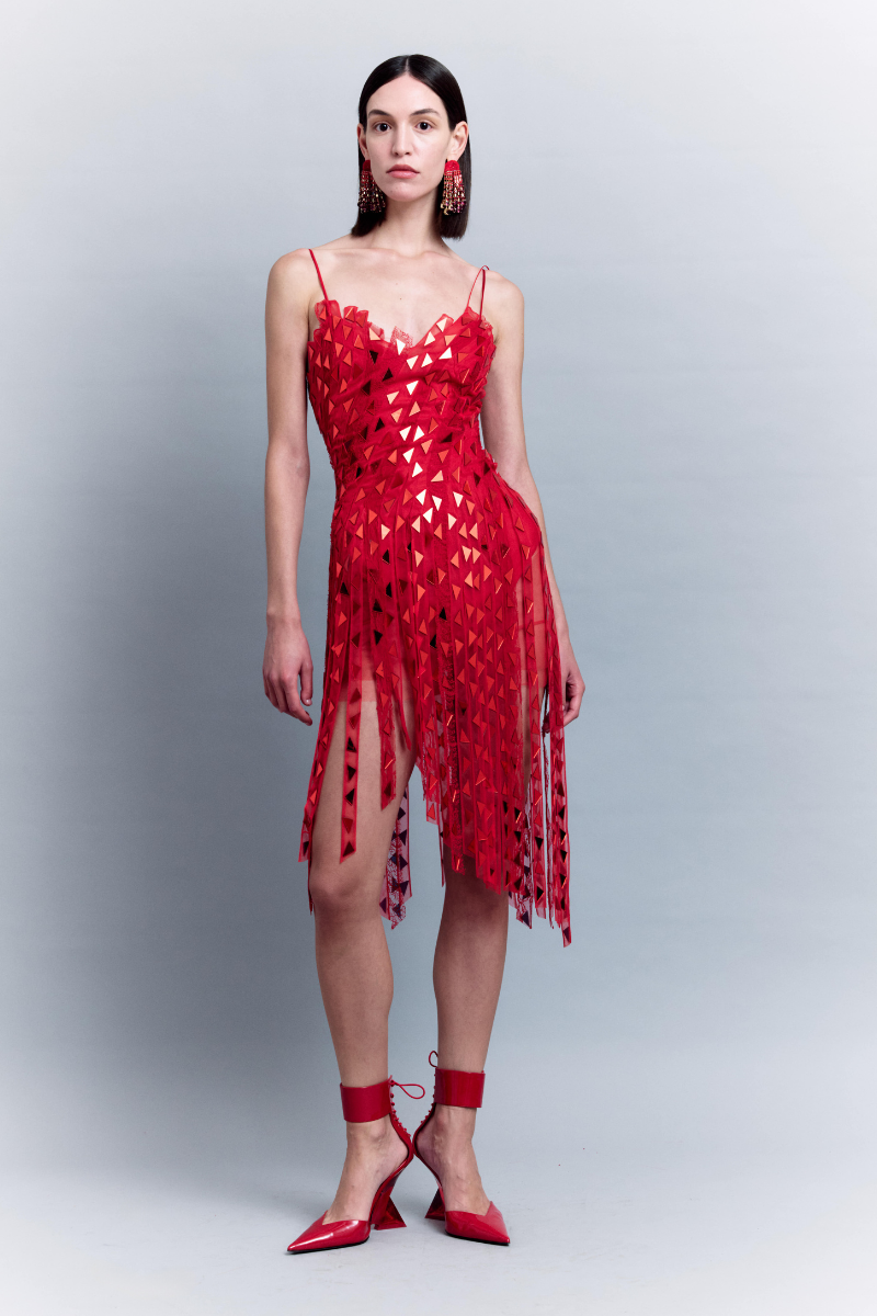 Sudi Etuz mirror-embellished mini tulle and lace dress, featuring intricate details and a stylish, elegant design.