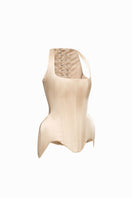 Beige soft satin corset top with lace-up front by BALYKINA, showcasing smooth satin fabric and detailed lacing.