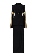 Lune De Soie crepe co-ord dress with matching shawl, featuring elegant draped fabric and a sophisticated silhouette.