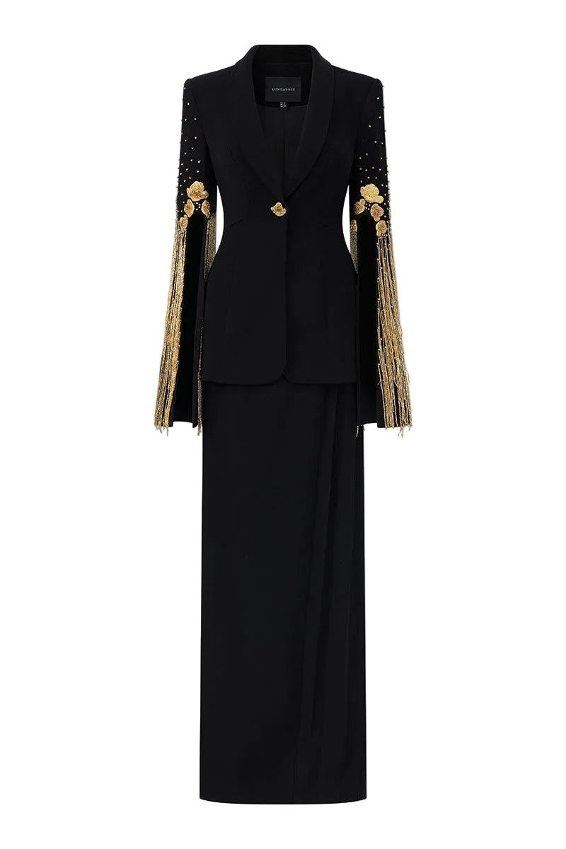 Lune De Soie crepe co-ord dress with matching shawl, featuring elegant draped fabric and a sophisticated silhouette.