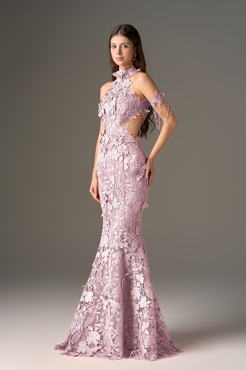 CULT MIA X I.H.F STUDIO MAXI FLORAL PURPLE YELLOW LACE DRESS