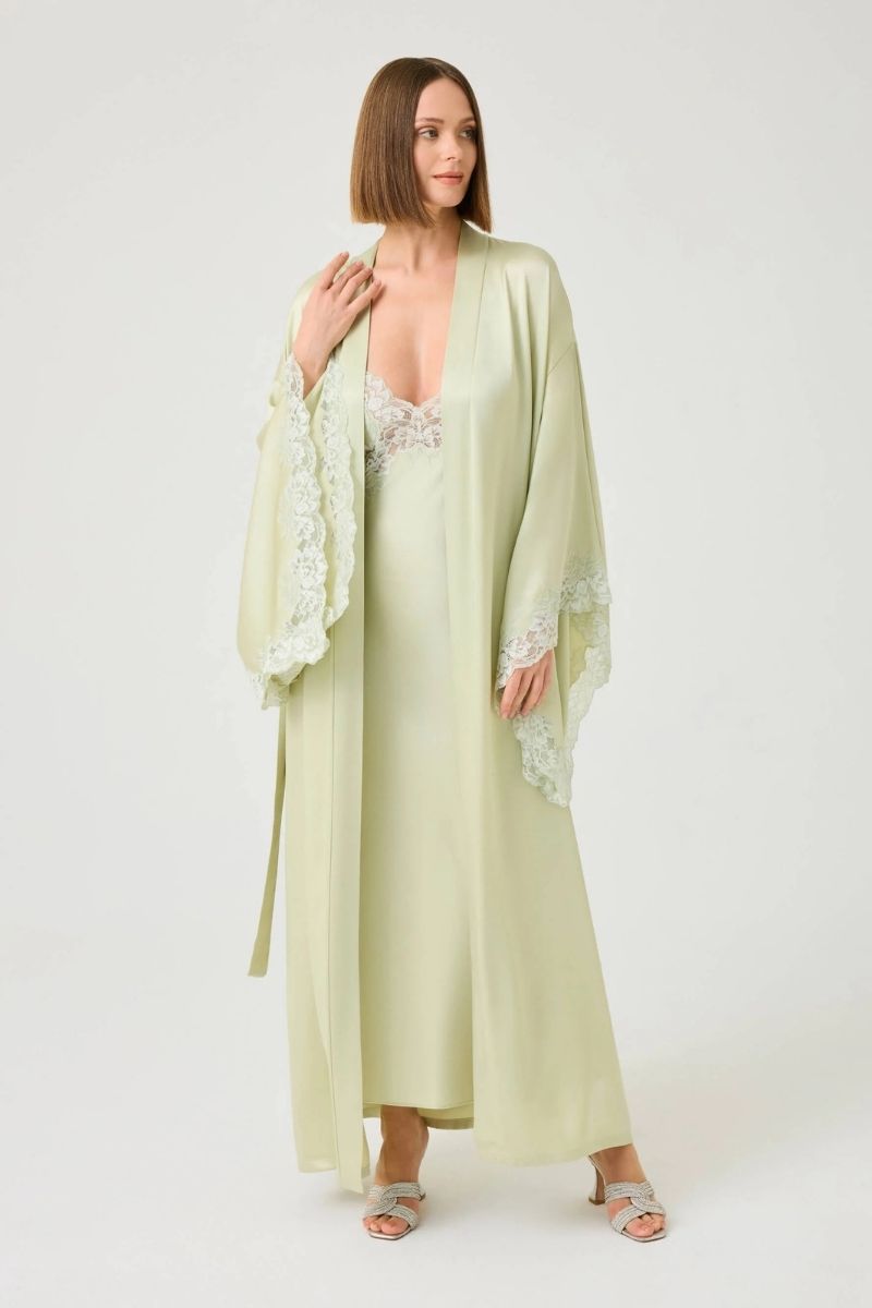 Bocan Couture Heidi long rayon robe with light green lace trim, flowing fabric and elegant design.