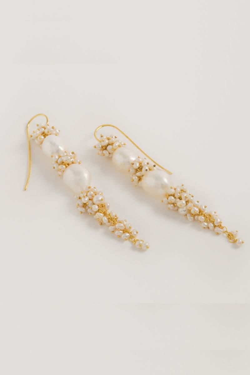 Freya Rose Baroque Pearl Long Drop Earrings featuring elegant pearl drops and intricate design details