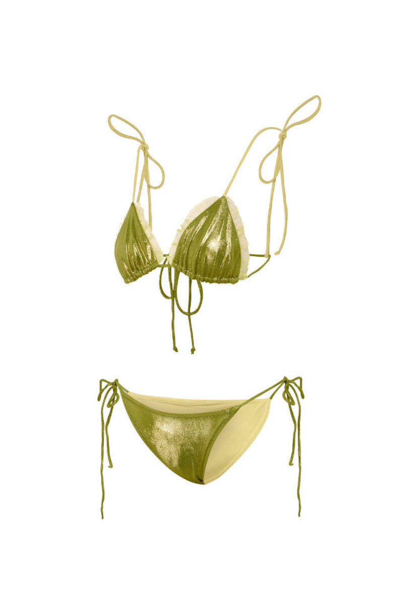Reversible green and yellow bikini set by Suncillo, featuring a stylish two-tone design and adjustable straps on a model.