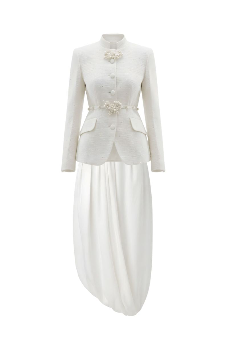 Ivory sculpted co-ords set from White Plan featuring a fitted top and matching high-waisted pants, stylish and elegant for versatile wear.