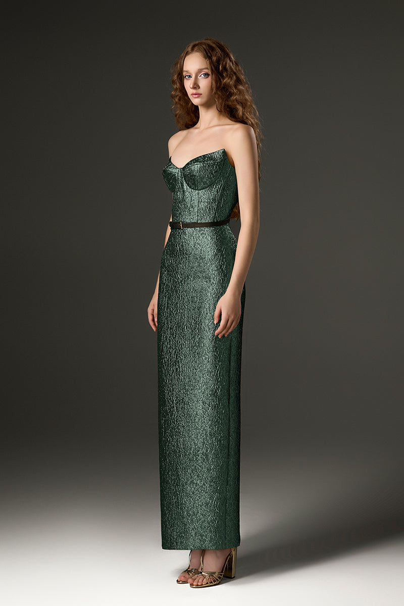 Green Lotus Jacquard Column Dress by I.H.F Studio, a stylish maxi dress with intricate jacquard fabric and elegant fit.