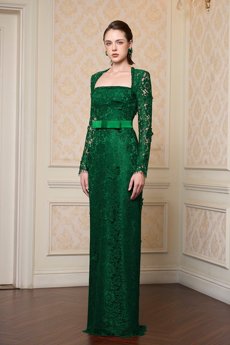 Green I.H.F trapeze long sleeve gown with a flowing silhouette, featuring wide sleeves and a relaxed fit.