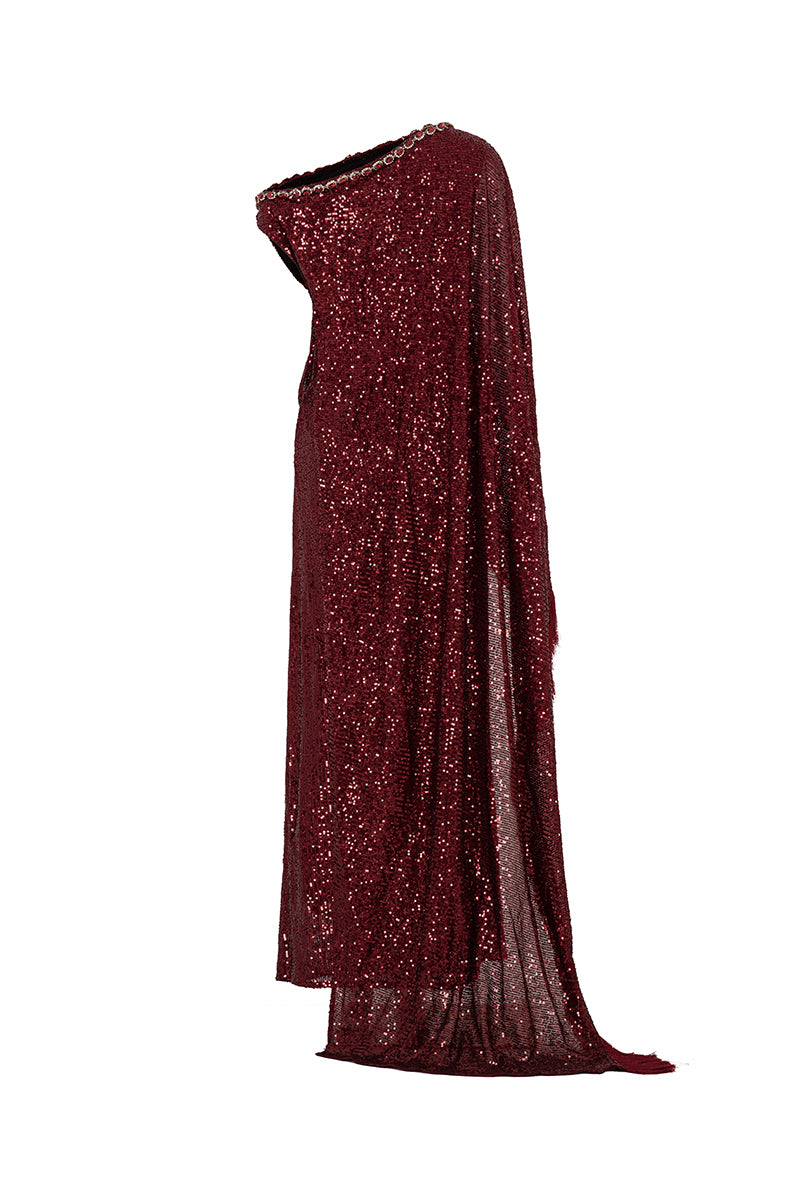 Red Valenciani one-shoulder draped sequin gown with elegant design and shimmering embellishments, perfect for formal occasions.