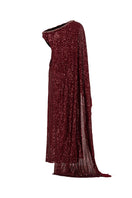 Red Valenciani one-shoulder draped sequin gown with elegant design and shimmering embellishments.