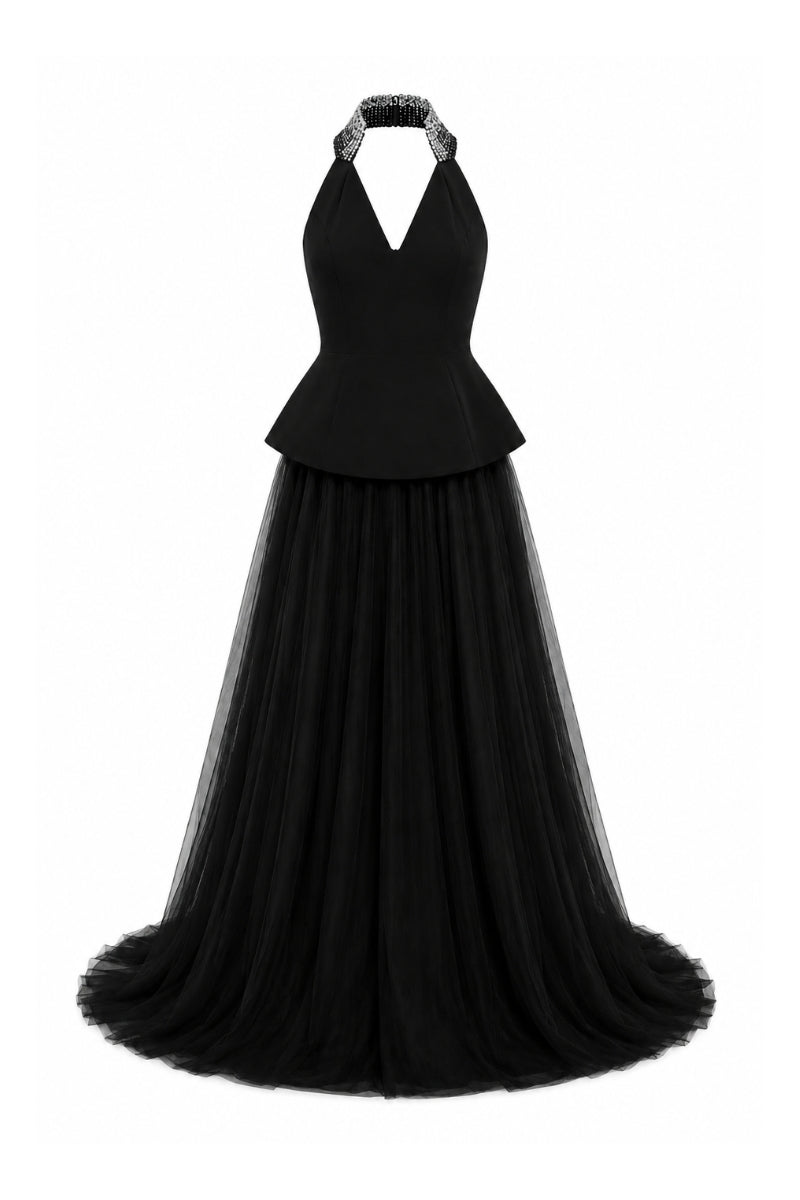 Black Lili Blanc HALO floor-length evening gown displayed on a model, elegant and flowing for formal events.