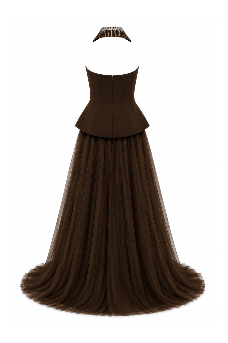 Lili Blanc brown floor-length evening gown with elegant flowing fabric and subtle design details.