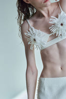 JINSUN Pappus Applique Tweed Ivory Bra Top, close-up of the stylish tops with textured tweed fabric and delicate applique details.