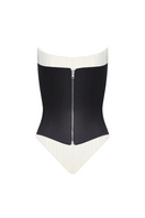 Black BALYKINA angled two-sided corset top with structured fit and side lacing, displayed on a mannequin.