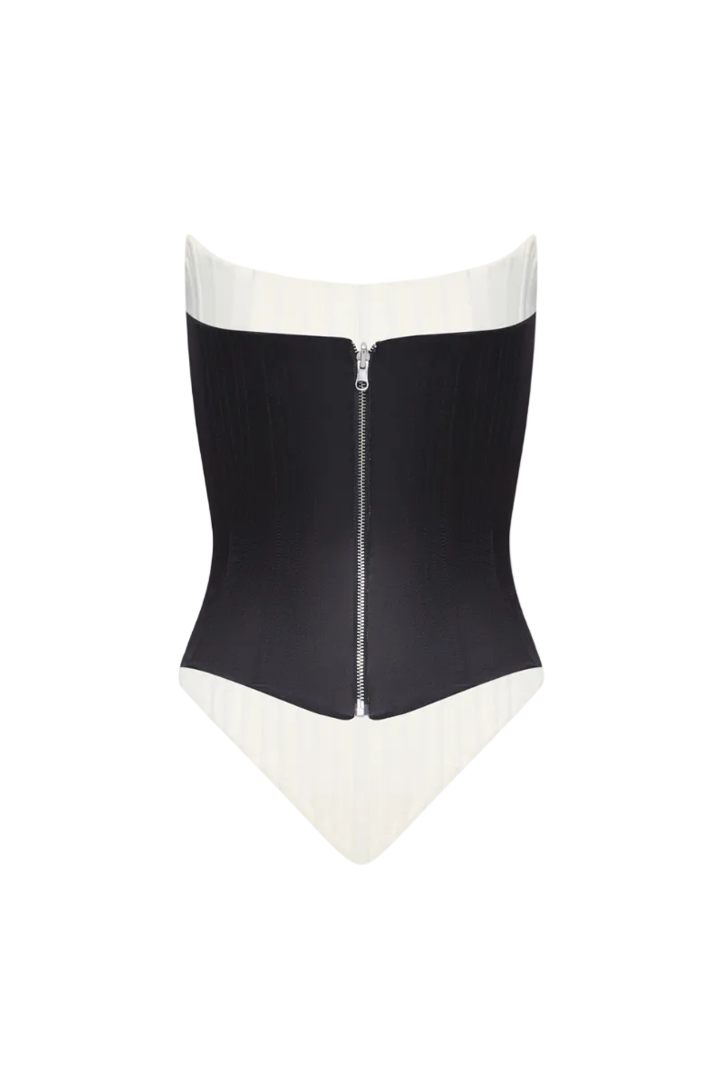 Black BALYKINA angled two-sided corset top with structured fit and side lacing, displayed on a mannequin.