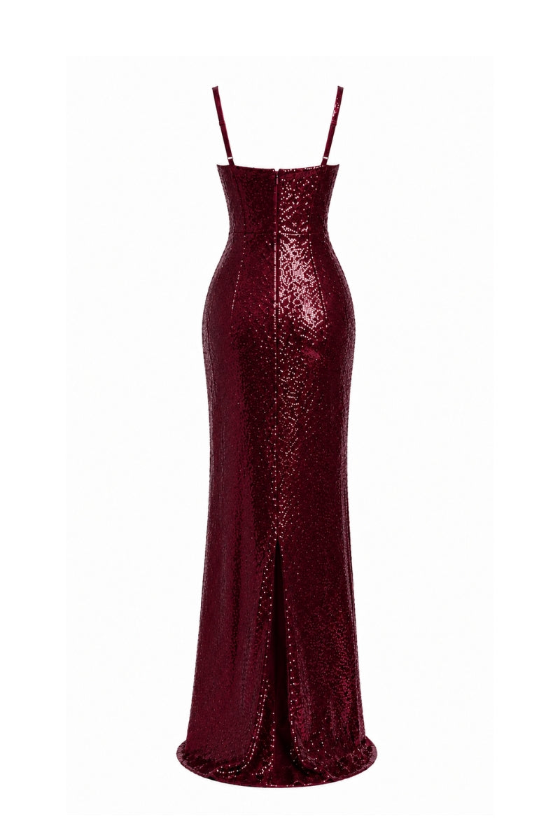Lili Blanc burgundy cocoa ankle-length evening gown featuring elegant fabric and a fitted silhouette.