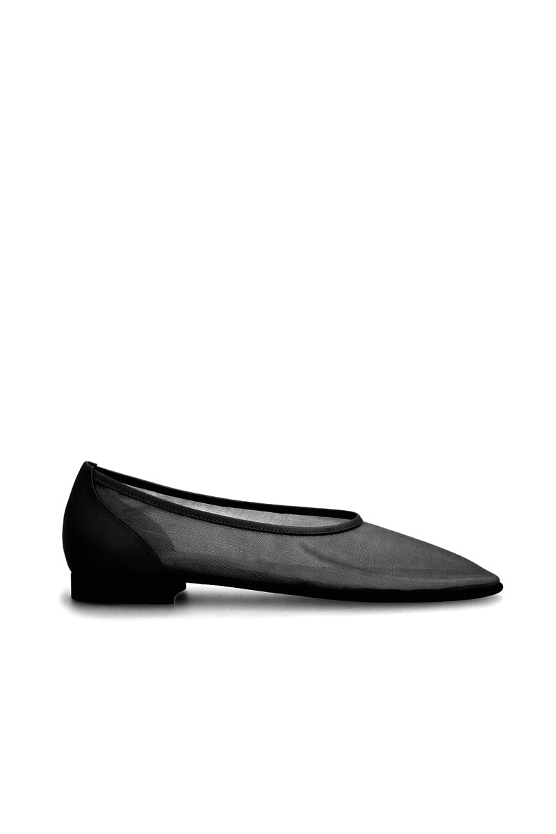 Black mesh ballerina flats by House of Atana with a sleek, lightweight design and soft fabric upper for comfortable wear.