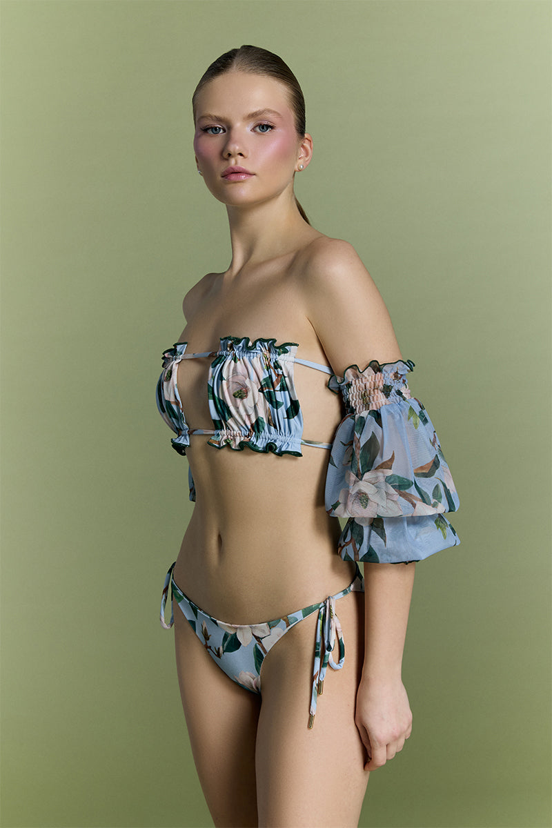 Nur Karaata Misty Mirage bikini with floral pattern, featuring a triangle top and matching bottoms on a white background.