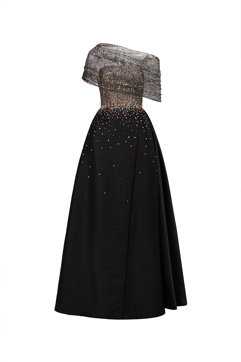 Elegant Tracy Studio crystal lace and bamboo taffeta gown with intricate lace details and flowing fabric.