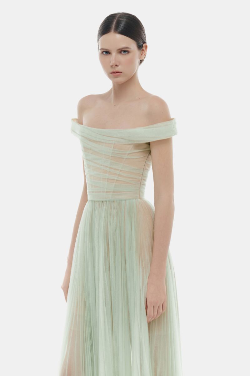 Mint off-shoulder midi dress by Montsand, featuring a flowy silhouette and elegant design, perfect for summer or special occasions.