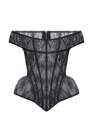 Black lace corset top by BALYKINA featuring intricate lace details and a fitted design, perfect for stylish evening wear.