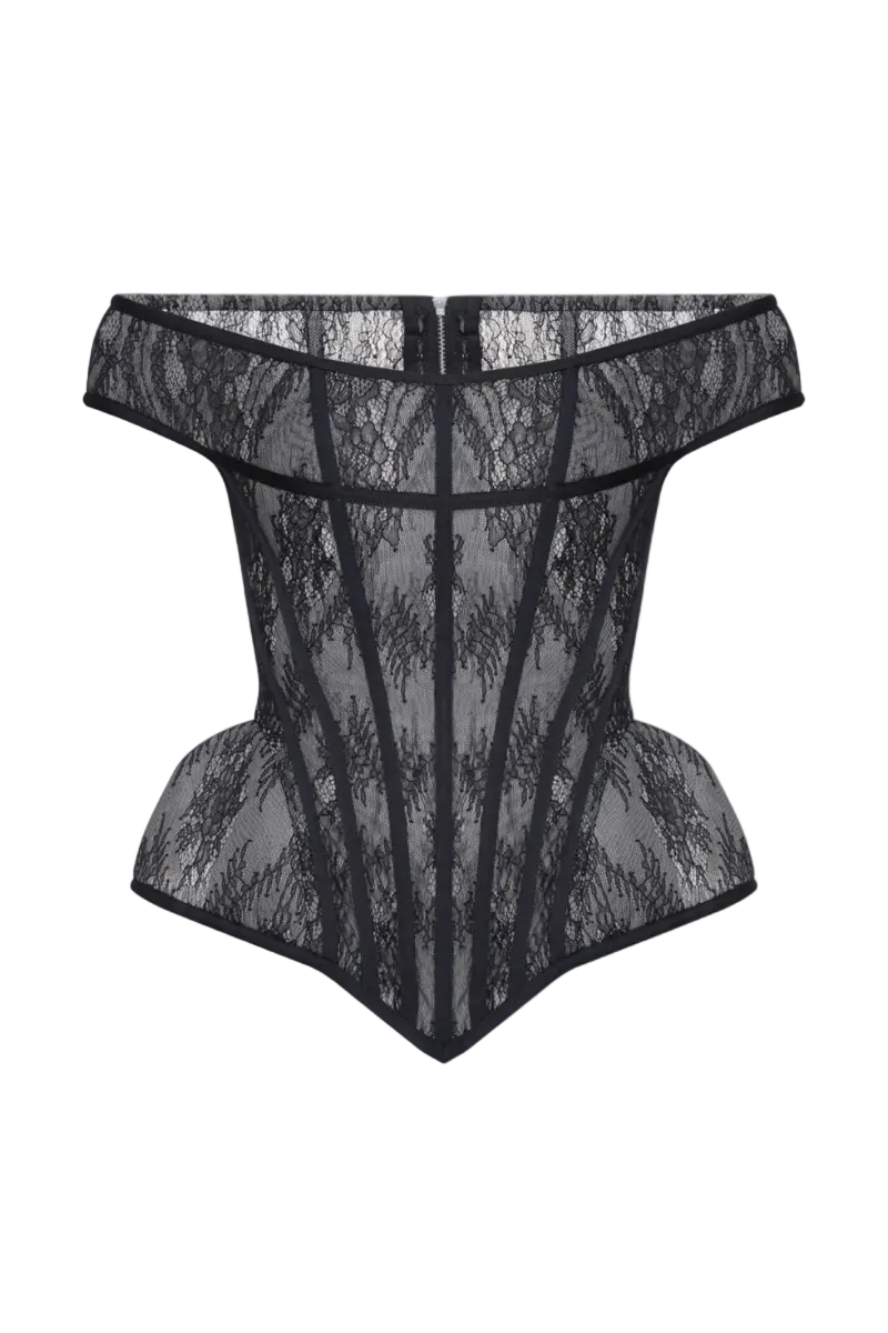 Black lace corset top by BALYKINA featuring intricate lace details and a fitted design, perfect for stylish evening wear.