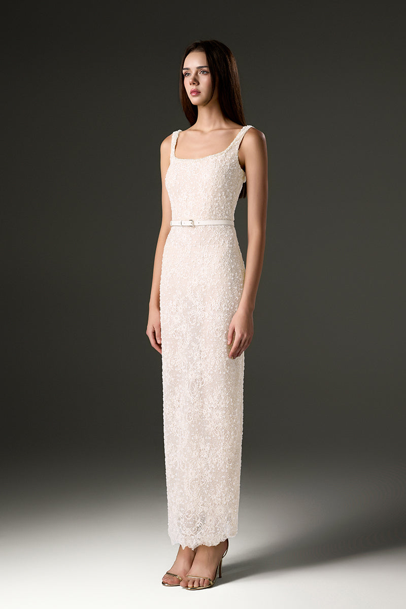 White square neck mesh lace midi dress by I.H.F Studio, featuring elegant design and intricate lace details in a maxi dress style.