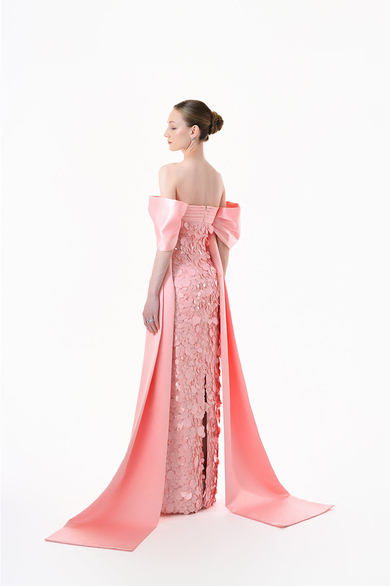 Blush pink bow-sleeve gown by Happy Clothing featuring a paillettes embellishment, perfect for elegant occasions.