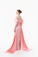 Blush pink bow-sleeve gown by Happy Clothing featuring a paillettes embellishment, perfect for elegant occasions.
