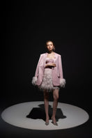 Baby pink Kiera taffeta feather blazer set co-ords by 21Six, featuring a stylish blazer with feather details and matching bottoms.