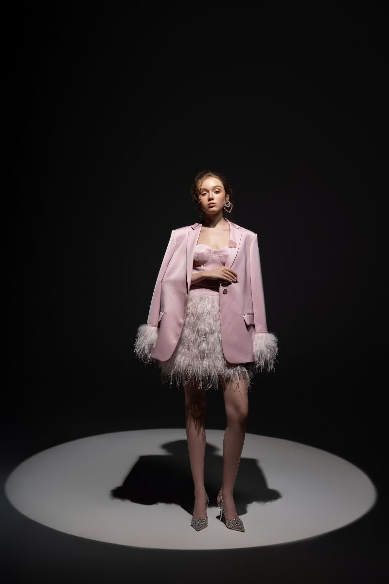 Baby pink Kiera taffeta feather blazer set co-ords by 21Six, featuring a stylish blazer with feather details and matching bottoms.