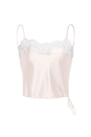 Pink Flora Lace Silk Camisole Top by MANITO, featuring delicate lace details and smooth silk fabric, displayed flat.