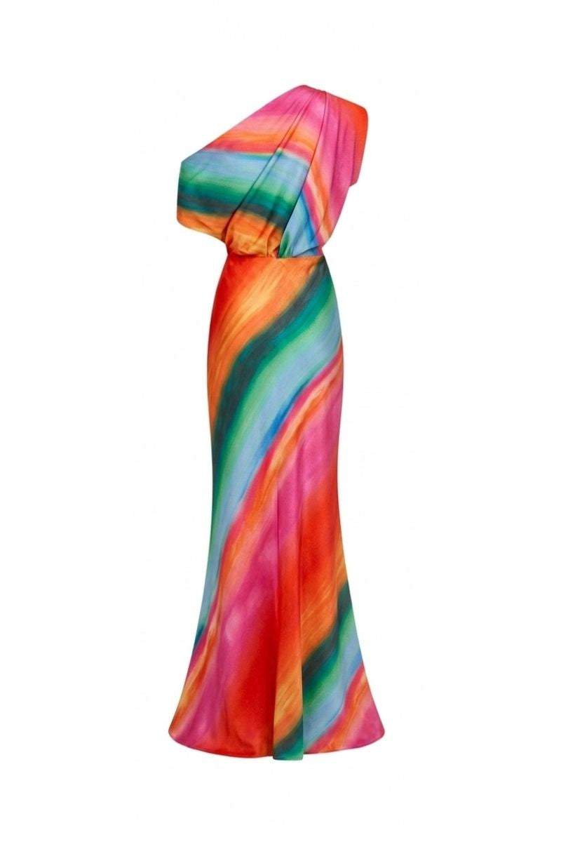 Sisters Nikki maxi dress in Sunset Serenade with flowing fabric and vibrant sunset-inspired colors, perfect for elegant summer wear.