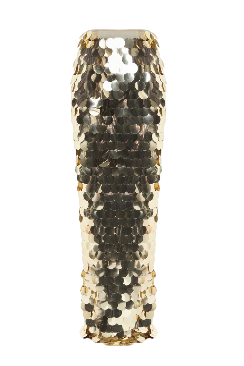 Gold sequin maxi skirt by Balykina, featuring a flowing design with shimmering sequins and elegant length.