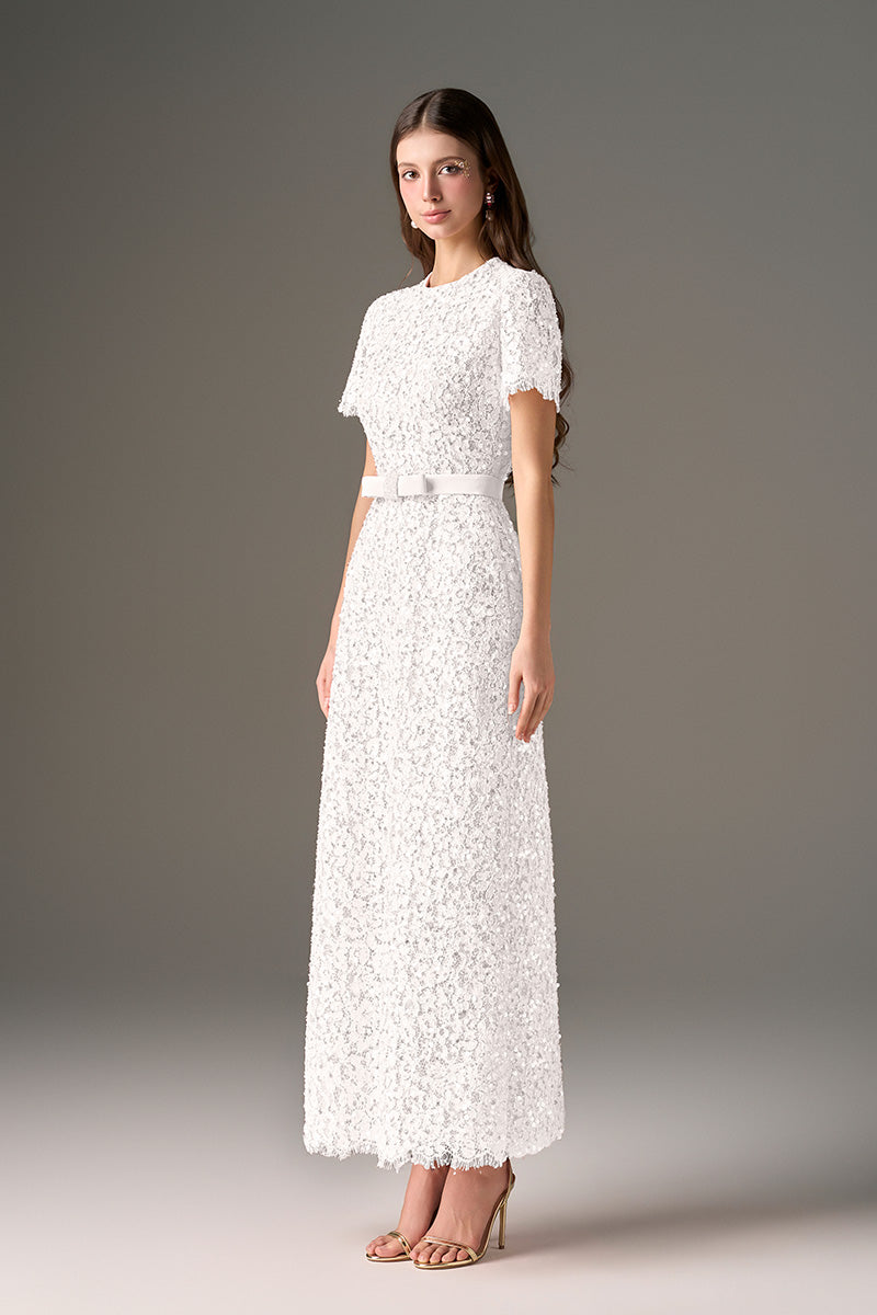 I.H.F Studio Cult Mia X floral white lace structured maxi dress with sequins and intricate floral details, midi length, elegant design.