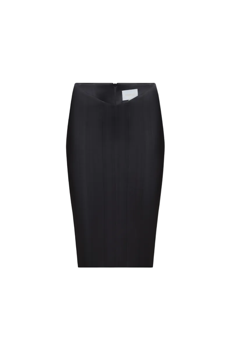 Black matte silk midi skirt by Balykina, showcasing a smooth, flowing fabric and elegant midi length.
