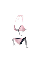 Reversible pink and black bikini set from Suncillo with halter top and matching bottoms, displayed on a white background.
