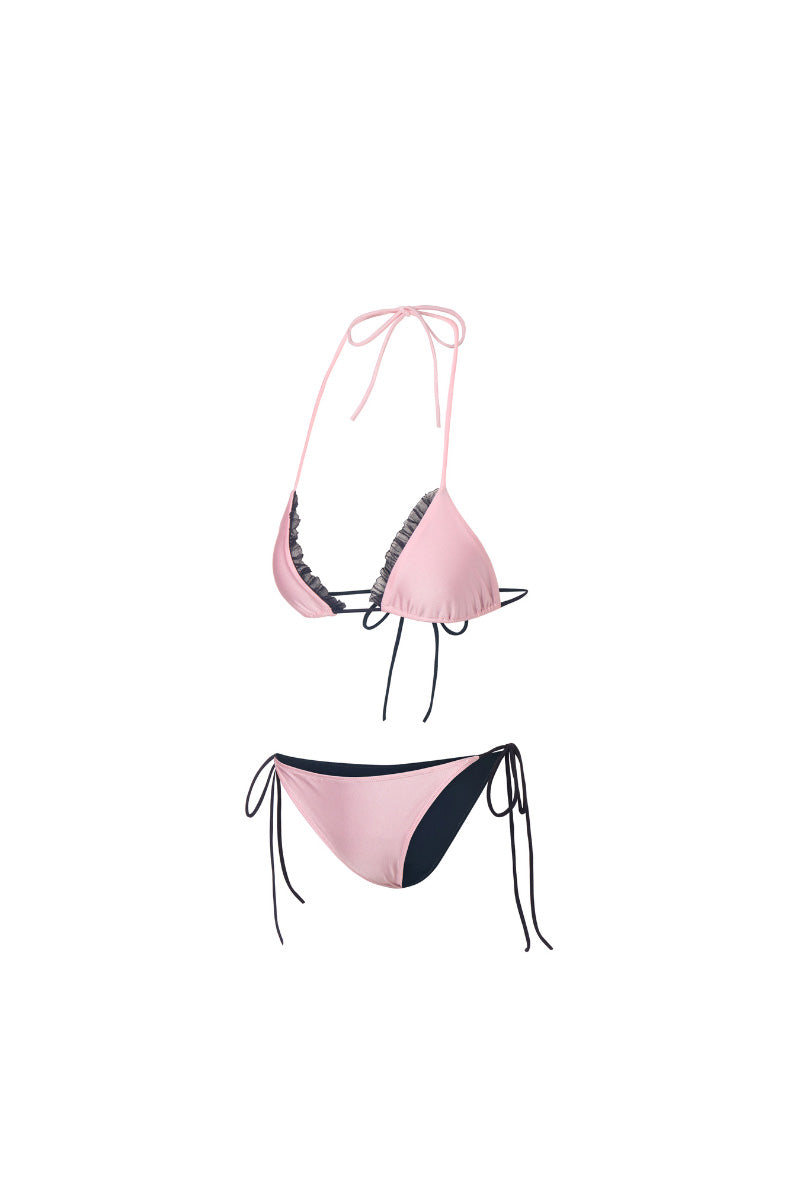 Reversible pink and black bikini set from Suncillo with halter top and matching bottoms, displayed on a white background.