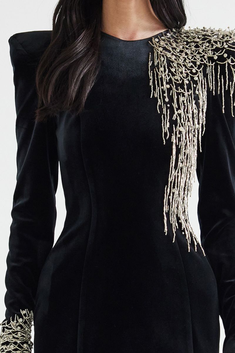 EMBROIDERED VELVET MAXI DRESS IN BLACK - CULT MIA