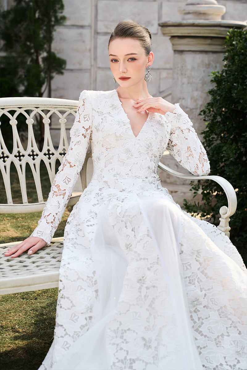 floor length long sleeve lace dress FLORAL LONGE SLEEVE LACE GOWN | CULT MIA