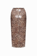 Balykina sequin midi skirt with leopard print pattern, stylish and sparkling fashion piece, shown on a model.