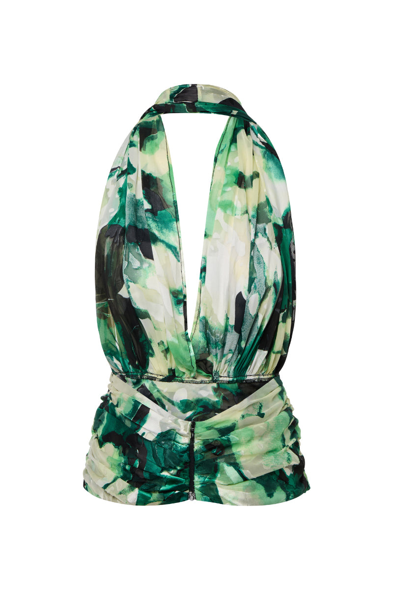 Green floral halter top by Suncillo, featuring a vibrant pattern and adjustable straps, displayed on a mannequin.