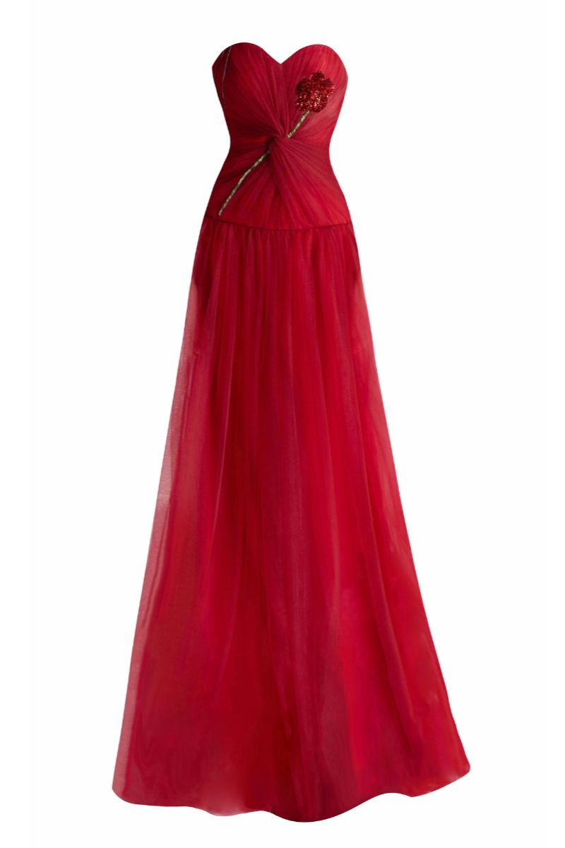 ALENA RED A-LINE SWEETHEART NECK MESH GOWN - CULT MIA