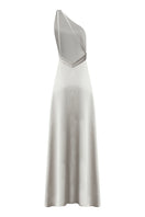 Silver satin maxi dress by Nazlı Ceren featuring a sleek, flowing design with long sleeves and elegant drape.