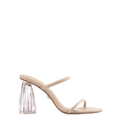House of Atana Fiorellini Glass Mule 95 sandals in wheat patent leather, featuring a sleek slip-on design with transparent glass accents.