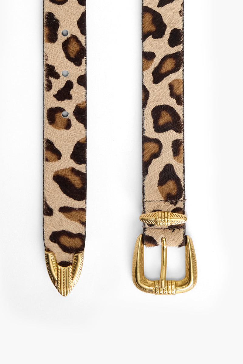 Leather leopard print belt from Acaria Studio featuring a stylish design and adjustable buckle.