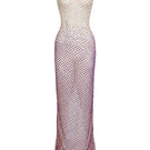 Purple and white ombre embellished mesh maxi dress by CEM, flowing design with intricate beadwork and sheer fabric.