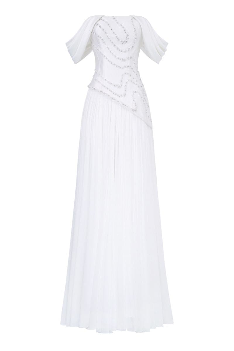 Elegant CULT MIA X 21Six Helena taffeta pleated gown with a flowing silhouette and intricate pleating detail.