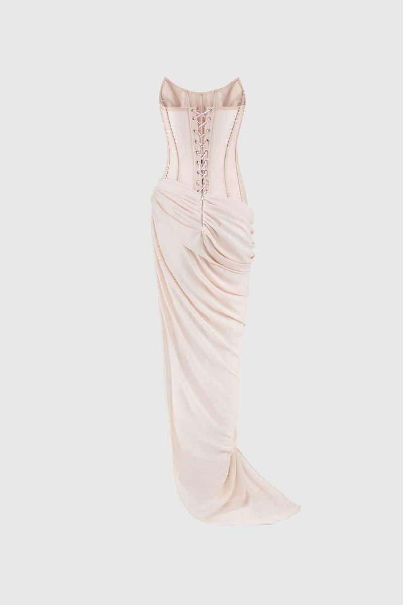 CREAM CORSET STRAPLESS CHIFFON GOWN | CULT MIA | CEM CREAM CORSET STRAPLESS CHIFFON GOWN | CULT MIA | CEM