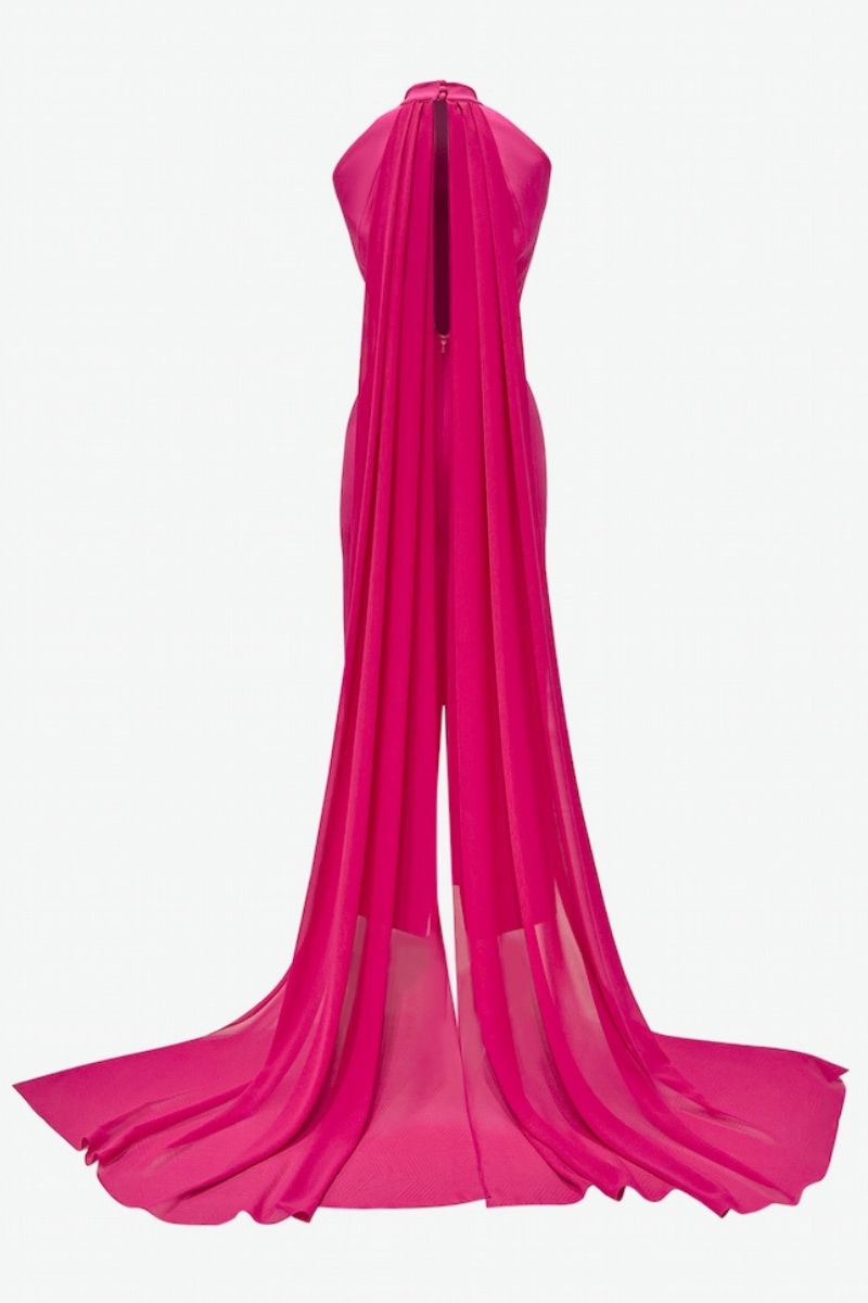 FUCHSIA HALTERNECK WITH LONG CAPE MAXI DRESS - CULT MIA